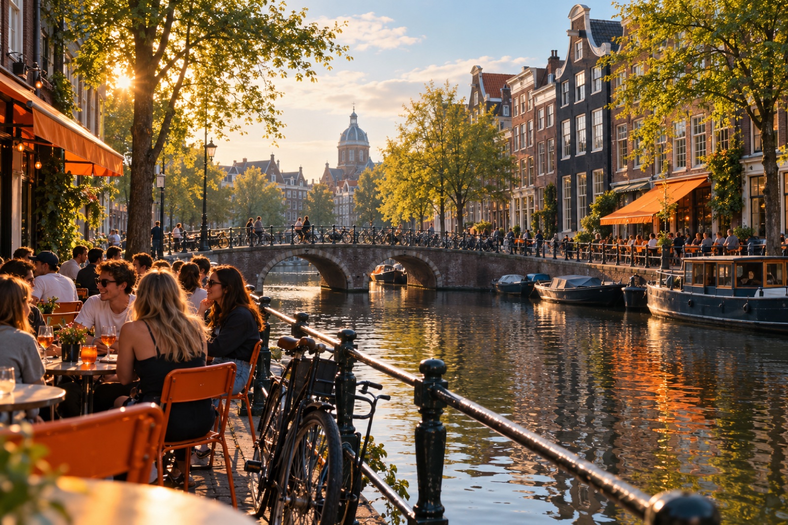 An imagined Dutch canal neighbourhood with bicycles and a waterside café